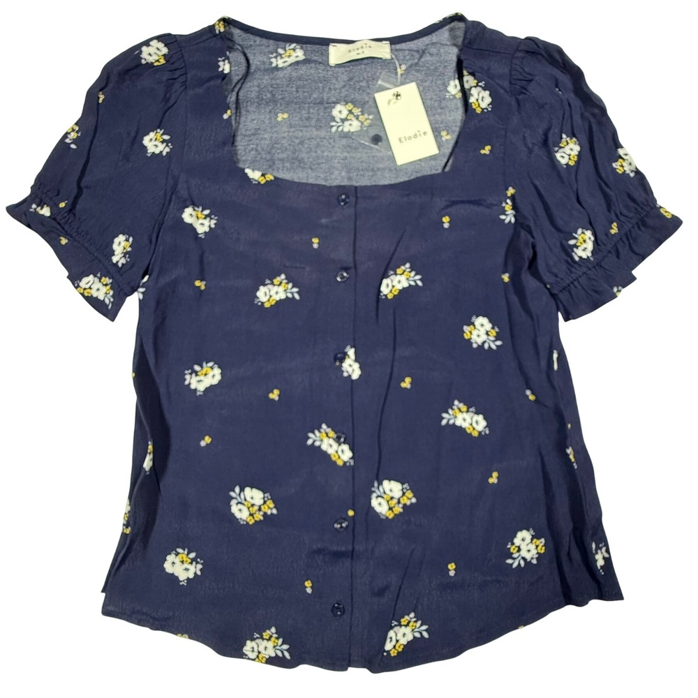 Elodie Navy Floral Print Square Neck Short Sleeve Button Front Top Womens Size S - Picture 2 of 9